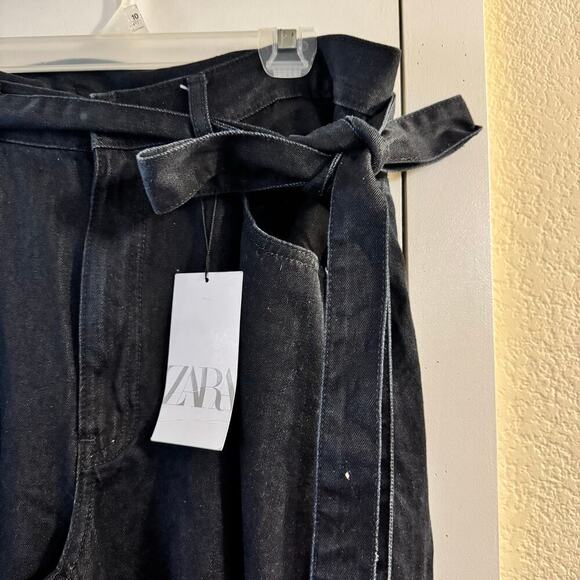 NWT Zara Wide Leg High Waisted Belted Denim Pant Size 12 Pockets - Picture 4 of 10